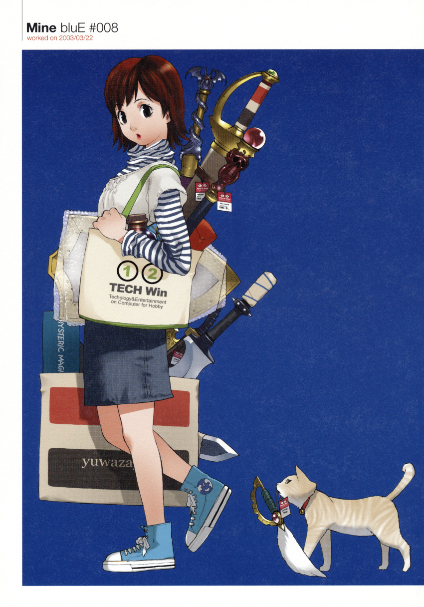1girl absurdres animal artbook bag bell black_eyes blouse blue_background blue_shirt blue_shoes bottle brown_eyes brown_hair cat collar copyright_name dated denim denim_skirt diagonal-striped_clothes diagonal-striped_shirt full_body high_collar highres jingle_bell lipstick looking_at_viewer makeup mouth_hold neck_bell parted_lips scan shield shirt shoes short_hair simple_background skirt sneakers solo striped_clothes sword tabby_cat tag tech_win tif-to-png_conversion wand weapon white_shirt yoshizaki_mine