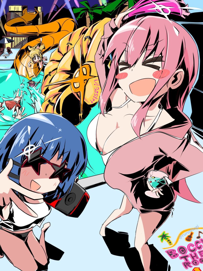 &gt;_&lt; :d asymmetrical_bangs bare_legs barefoot bikini black_bikini blonde_hair blue_hair bocchi_the_rock! breasts cleavage copyright_name drink full_body gotoh_hitori hand_fan highres hiroi_kikuri holding holding_drink holding_fan ijichi_nijika in_water kessoku_band kita_ikuyo kneeling long_hair multiple_girls open_mouth outdoors pink_hair pink_track_suit pool poolside red_hair rurushu_ki_san side_ponytail smile speaker standing star-shaped_eyewear star_(symbol) swimming swimsuit track_suit twitter_username water_slide white_bikini xd yamada_ryo