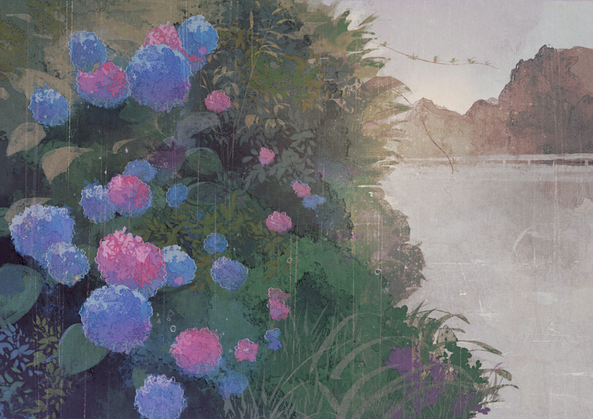 blue_flower bush flower harucoro25 hydrangea nature no_humans original overcast pink_flower rain scenery sky