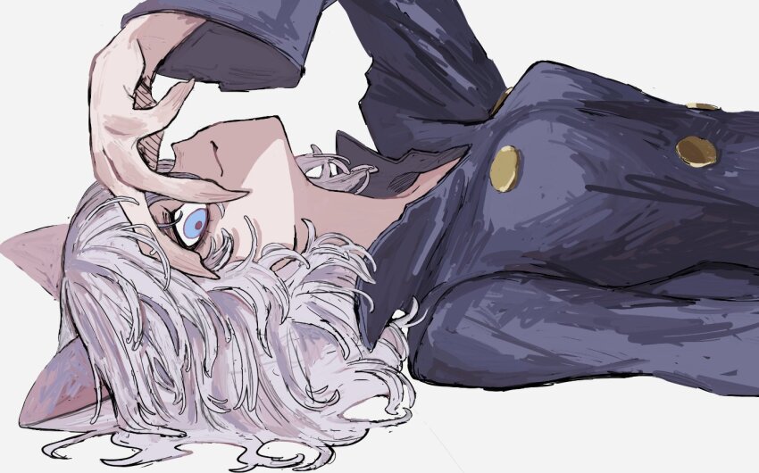 1girl animal_ears blue_eyes blue_shirt cat_ears cat_girl cat_tail collared_shirt fingernails grey_hair high_collar hunter_x_hunter looking_at_viewer lying maikeru_(dk_maikel) neferpitou on_back sharp_fingernails shirt short_hair sideways_glance simple_background smile solo tail upper_body white_background
