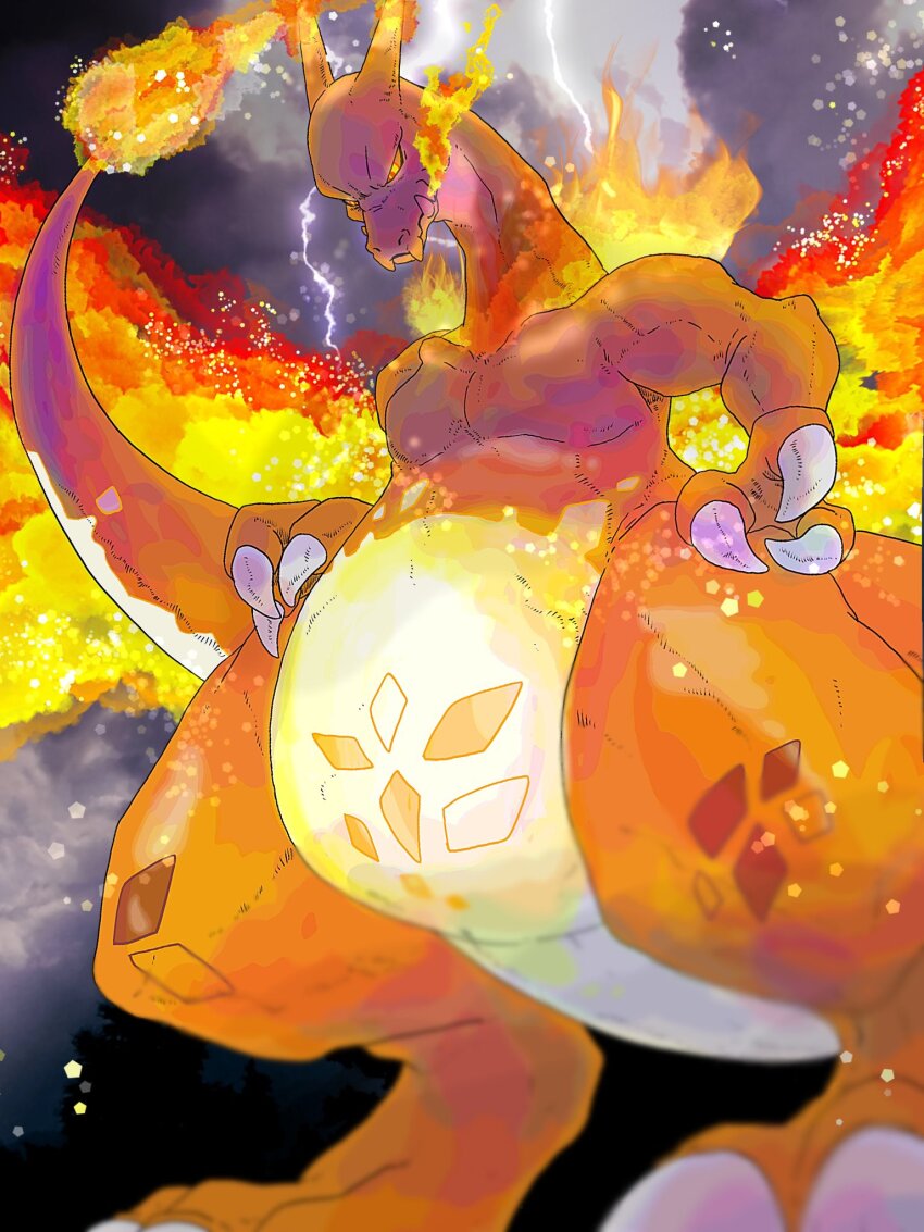 10_nosukeuma 1other blurry charizard cloud colored_skin commentary_request creature creature_focus depth_of_field dragon dynamax fiery_wings fire flame-tipped_tail flaming_horns gen_1_pokemon gigantamax gigantamax_charizard glowing glowing_eyes highres lightning looking_down nintendo no_humans orange_skin pokemon pokemon_(creature) pokemon_focus solo tail wings yellow_eyes