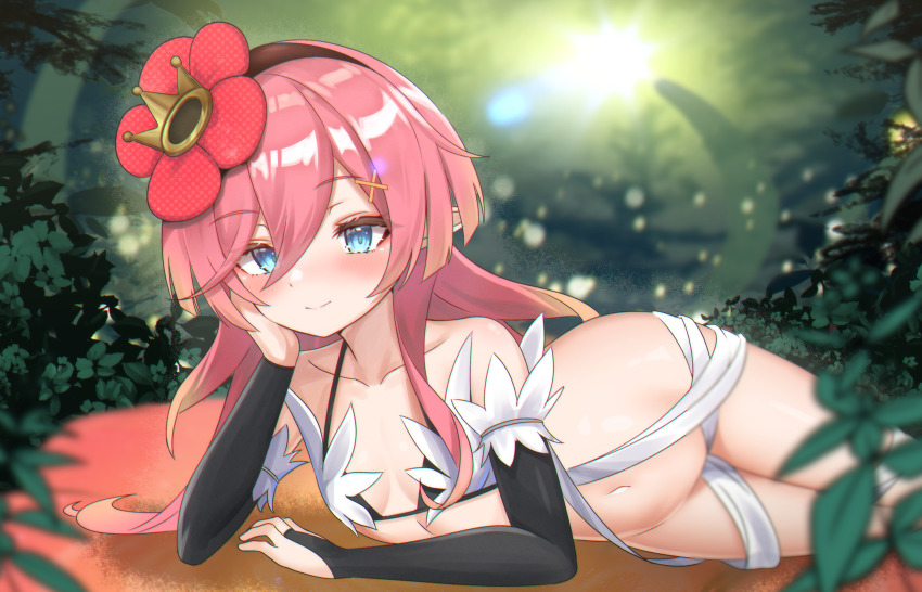 1girl absurdres bare_shoulders bikini bikini_top_only blue_eyes blush breasts collarbone crown detached_sleeves duel_monster flower hair_flower hair_ornament hairclip head_rest highres kumarang long_hair lying midriff mini_crown navel pink_hair pointy_ears small_breasts solo swimsuit traptrix_rafflesia yu-gi-oh!