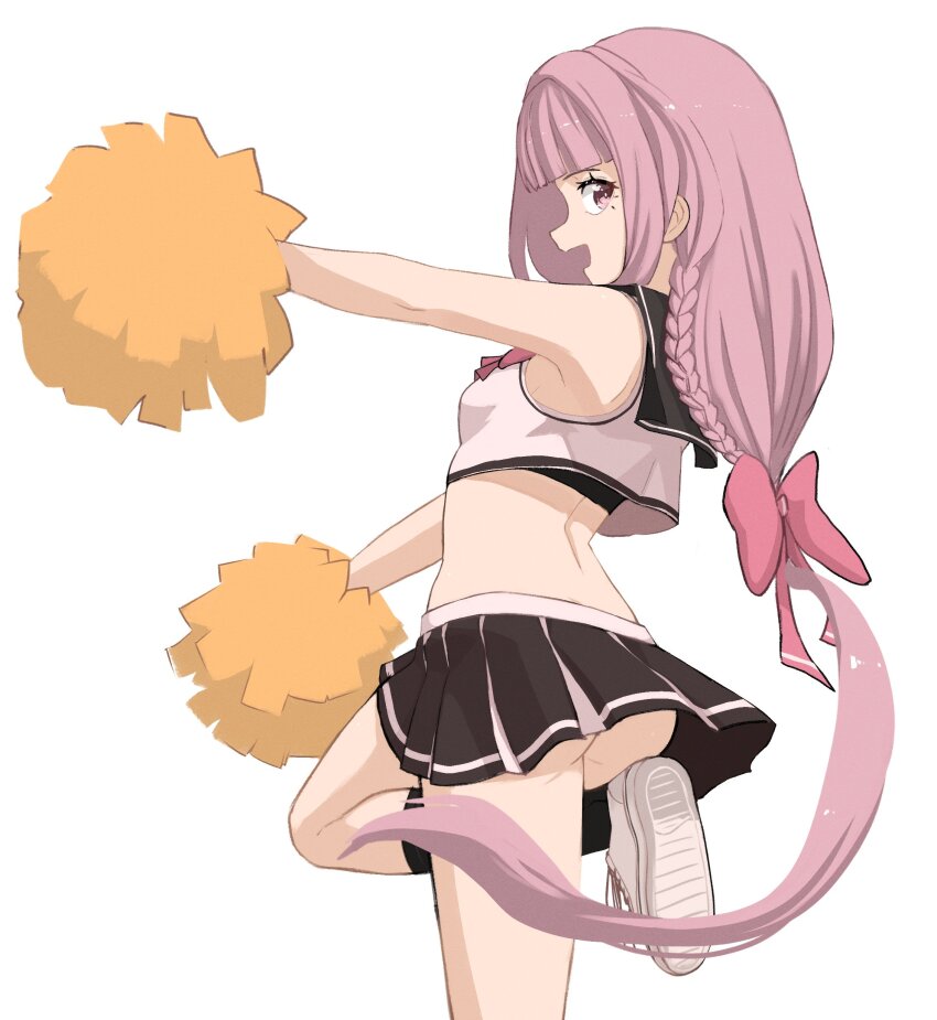 1girl absurdres ass_peek black_sailor_collar black_skirt blunt_bangs bow braid cheering cheerleader crop_top cropped_shirt dress fav_faris foot_out_of_frame foot_up from_side hair_bow highres holding holding_pom_poms long_hair looking_at_viewer looking_to_the_side low-tied_long_hair median_furrow miniskirt open_mouth original pink_bow pink_hair pleated_skirt pom_pom_(cheerleading) pom_poms sailor_collar shirt sidelocks sideways_glance simple_background skirt sleeveless sleeveless_dress solo standing standing_on_one_leg very_long_hair white_background white_shirt