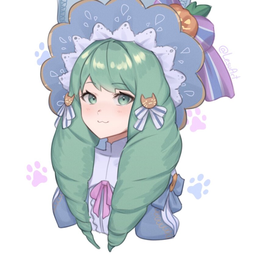 1girl animal_ears cat_ears cat_girl fire_emblem fire_emblem:_three_houses fire_emblem_heroes flayn_(fire_emblem) flayn_(halloween)_(fire_emblem) green_eyes green_hair halloween halloween_costume highres lesu nintendo official_alternate_costume paw_print portrait