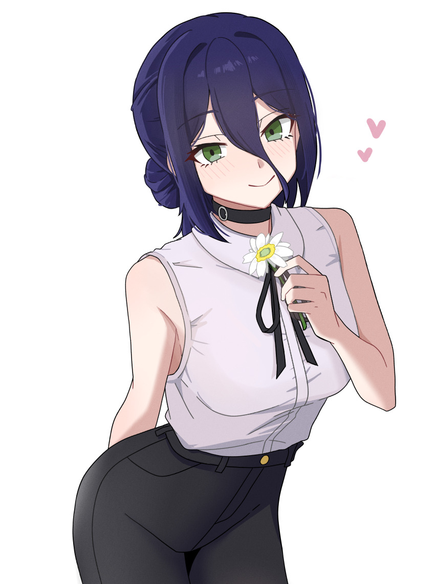 1girl absurdres black_choker black_ribbon black_shorts blue_hair chainsaw_man choker closed_mouth flower green_eyes grenade_pin hair_between_eyes hair_bun heart highres holding holding_flower looking_at_viewer neck_ribbon reze_(chainsaw_man) ribbon shimo_(shimo_ha) shirt shirt_tucked_in shorts sleeveless sleeveless_shirt smile solo white_flower