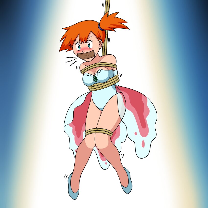 1girl absurdres bound breasts cleavage cosplay gen_1_pokemon goldeen goldeen_(cosplay) highres leotard misty_(pokemon) nintendo orange_hair pokemon pokemon_(anime) pokemon_(classic_anime) pokemon_ep043 rope white_leotard