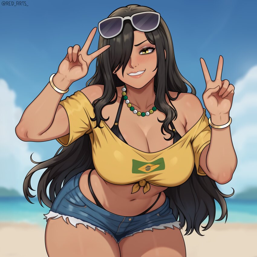 absurdres beach black_hair brazilian_flag brazilian_miku brazilian_miku_(cosplay) brazilian_sadako copyright_request cosplay dark-skinned_female dark_skin hatsune_miku highres red_arts smile sunglasses yamamura_sadako