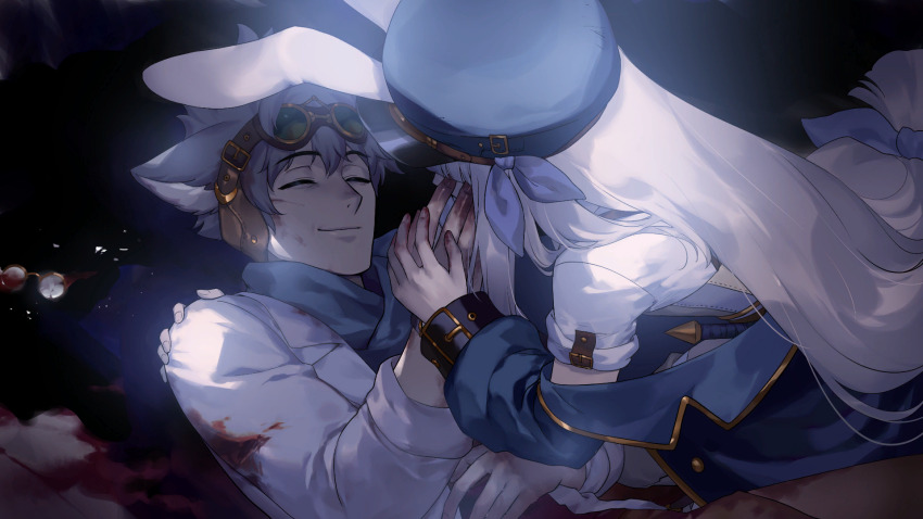 1boy 1girl animal_ears artist_request blood check_artist coat dying ein_lee father_and_daughter game_cg grey_hair highres long_hair non-web_source rabbit_ears rabbit_girl scarf short_sleeves spoilers tevi tevi_(character) white_coat white_hair wolf_boy wolf_ears zema_(tevi)