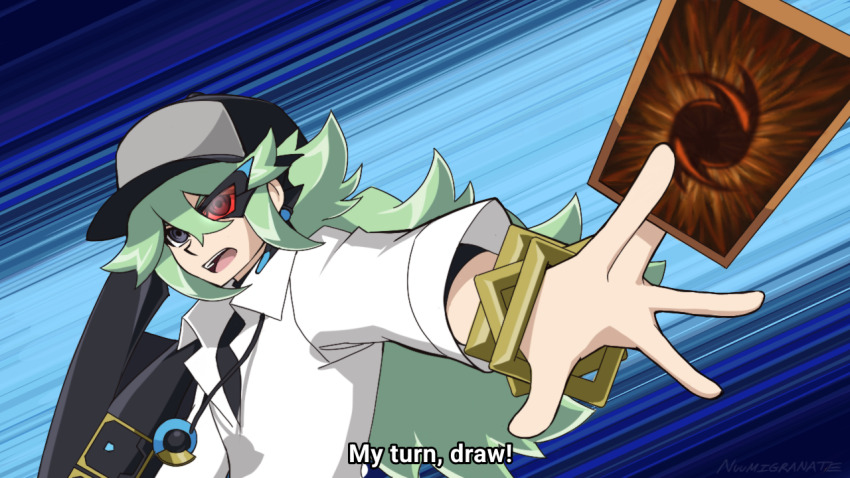 1boy black-framed_eyewear black_hat black_shirt blue_background bracelet card double-parted_bangs dress_shirt duel_disk emphasis_lines english_text facing_to_the_side fake_screenshot gold_bracelet green_hair grey_eyes hat holding holding_card jewelry looking_ahead male_focus n_(pokemon) necklace nintendo nuumigranate open_mouth outstretched_arm parody partially_unbuttoned pokemon pokemon_bw pokemon_bw2 ponytail red-tinted_eyewear shirt shirt_under_shirt sleeves_rolled_up style_parody tinted_eyewear upper_body white_shirt yu-gi-oh! yu-gi-oh!_zexal