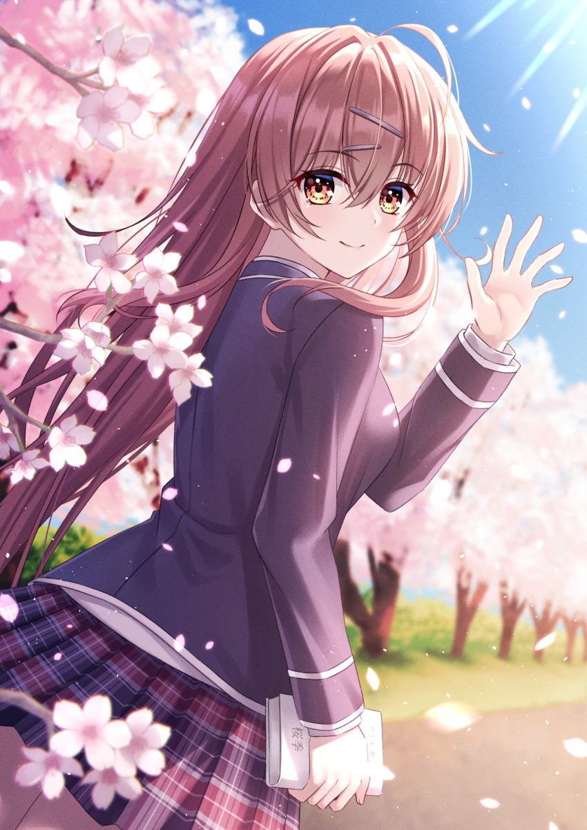 1girl ahoge ayase_aisa black_jacket blazer blue_sky blurry blush book brown_eyes brown_hair cherry_blossoms closed_mouth commentary_request cowboy_shot cuckoo_ki day depth_of_field eyelashes eyes_visible_through_hair falling_petals from_behind hair_between_eyes hair_ornament hairclip hand_up highres holding holding_book jacket long_hair long_sleeves looking_at_viewer looking_back miniskirt outdoors petals plaid_clothes plaid_skirt pleated_skirt school_uniform sidelighting skirt sky smile solo sousaku_kanojo_no_renai_koushiki spring_(season) standing straight_hair sunlight very_long_hair waving