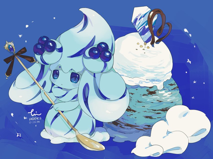 absurdres alcremie alcremie_(mint_cream) artist_name blue_background blue_eyes brown_ribbon closed_mouth commentary_request food food-themed_creature gen_8_pokemon hideko_(l33l3b) highres holding holding_spoon ice_cream looking_at_viewer nintendo no_humans pokemon pokemon_(creature) ribbon spoon standing