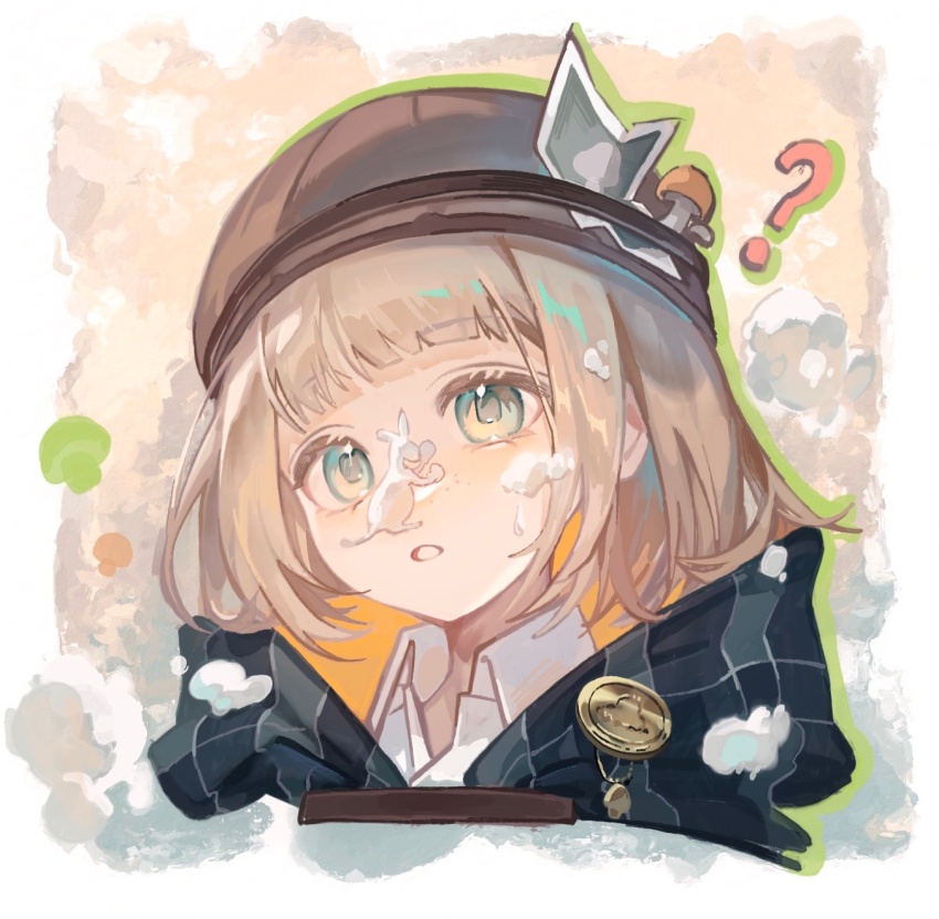 1boy ? androgynous bishounen blinklikeer blonde_hair blue_eyes brown_headwear chinese_commentary collared_shirt commentary_request ezra_theodore freckles highres kangaroo male_focus medal mushroom parted_lips portrait reverse:1999 shirt short_hair solo trap undersized_animal white_shirt