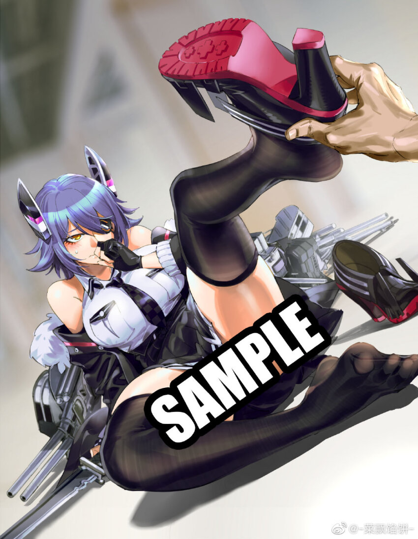 1girl 1other belt black_gloves black_skirt black_thighhighs blurry blurry_background blush breast_pocket breasts checkered_necktie chinese_commentary collared_shirt commentary_request covering_own_mouth disembodied_hand eyepatch feet fine_fabric_emphasis fingerless_gloves foot_focus gloves high_heels highres jacket jacket_partially_removed kantai_collection large_breasts leg_up long_sleeves necktie on_ground pocket purple_hair removing_shoes rigging ruukii_drift sample_watermark shirt short_hair skirt sleeveless sleeveless_shirt soles solo_focus tenryuu_(kancolle) tenryuu_kai_ni_(kancolle) thighhighs toes unworn_shoe watermark weibo_watermark white_shirt yellow_eyes
