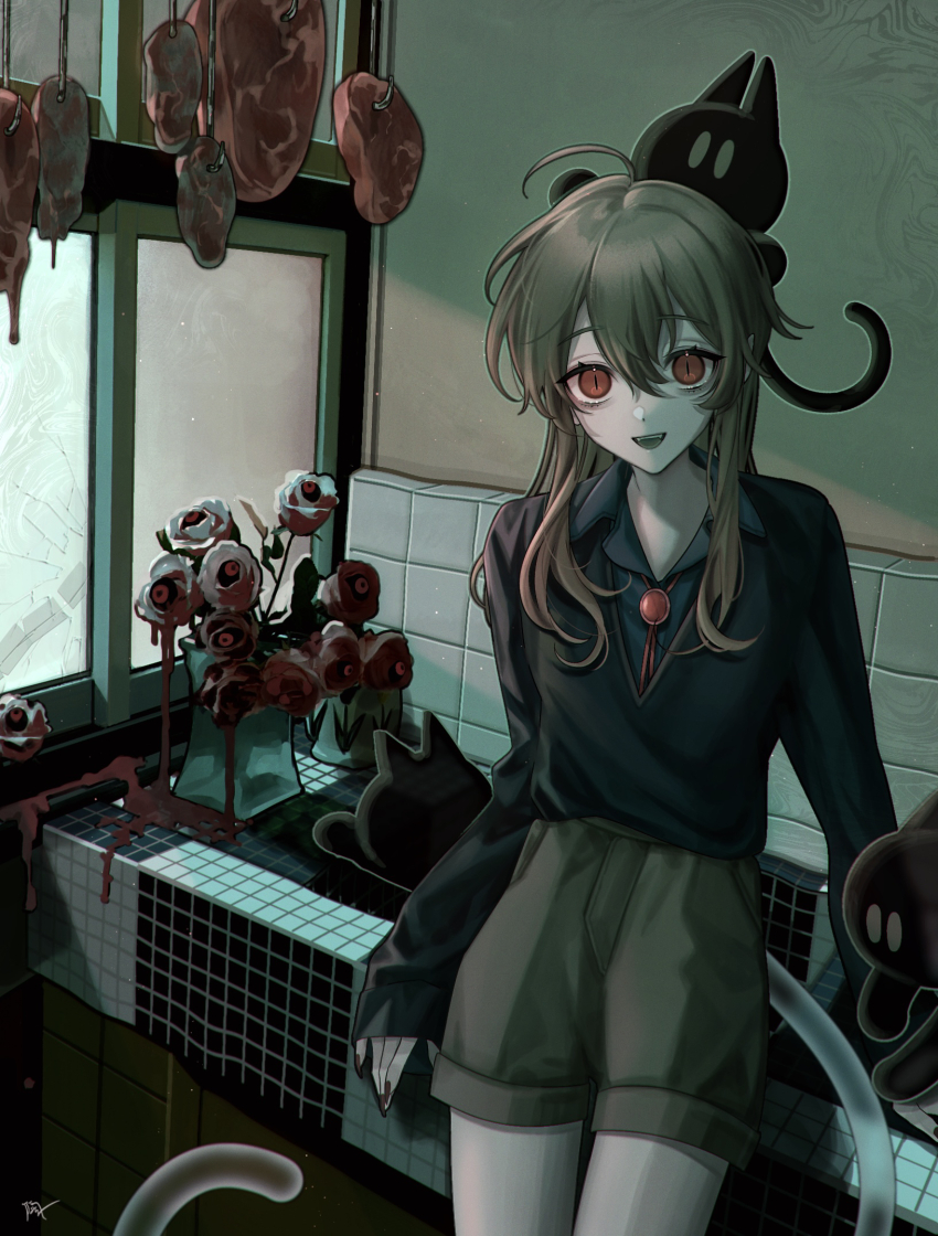 1girl ahoge animal animal_on_head black_cat black_nails black_shorts black_sweater blood_on_flower blue_shirt bolo_tie broken_window brown_hair cat cat_tail collared_shirt eyeball fingernails fish_hook flower food highres kitchen light_particles long_fingernails long_hair meat okai_yuda on_head open_mouth original raw_meat red_brooch red_eyes rose shirt shorts slit_pupils smile sweater sweater_tucked_in tail v-neck white_flower white_rose