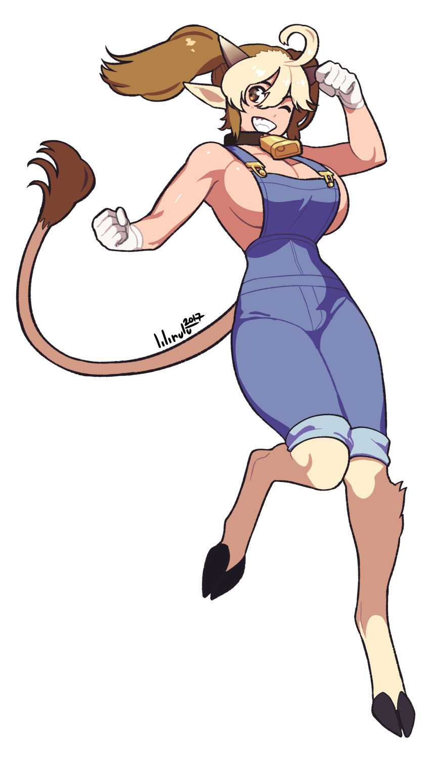 1girl 2017 absurdres ahoge animal_ears bell blonde_hair blue_overalls blush breasts brown_hair cleavage commentary cone_horns cow_ears cow_girl cow_horns cow_tail cowbell cream_(monster_musume) english_commentary full_body gloves grey_horns highres hooves horns large_breasts lilirulu looking_at_viewer monster_musume_no_iru_nichijou multicolored_hair neck_bell overalls simple_background solo tail twintails two-tone_hair white_background white_gloves