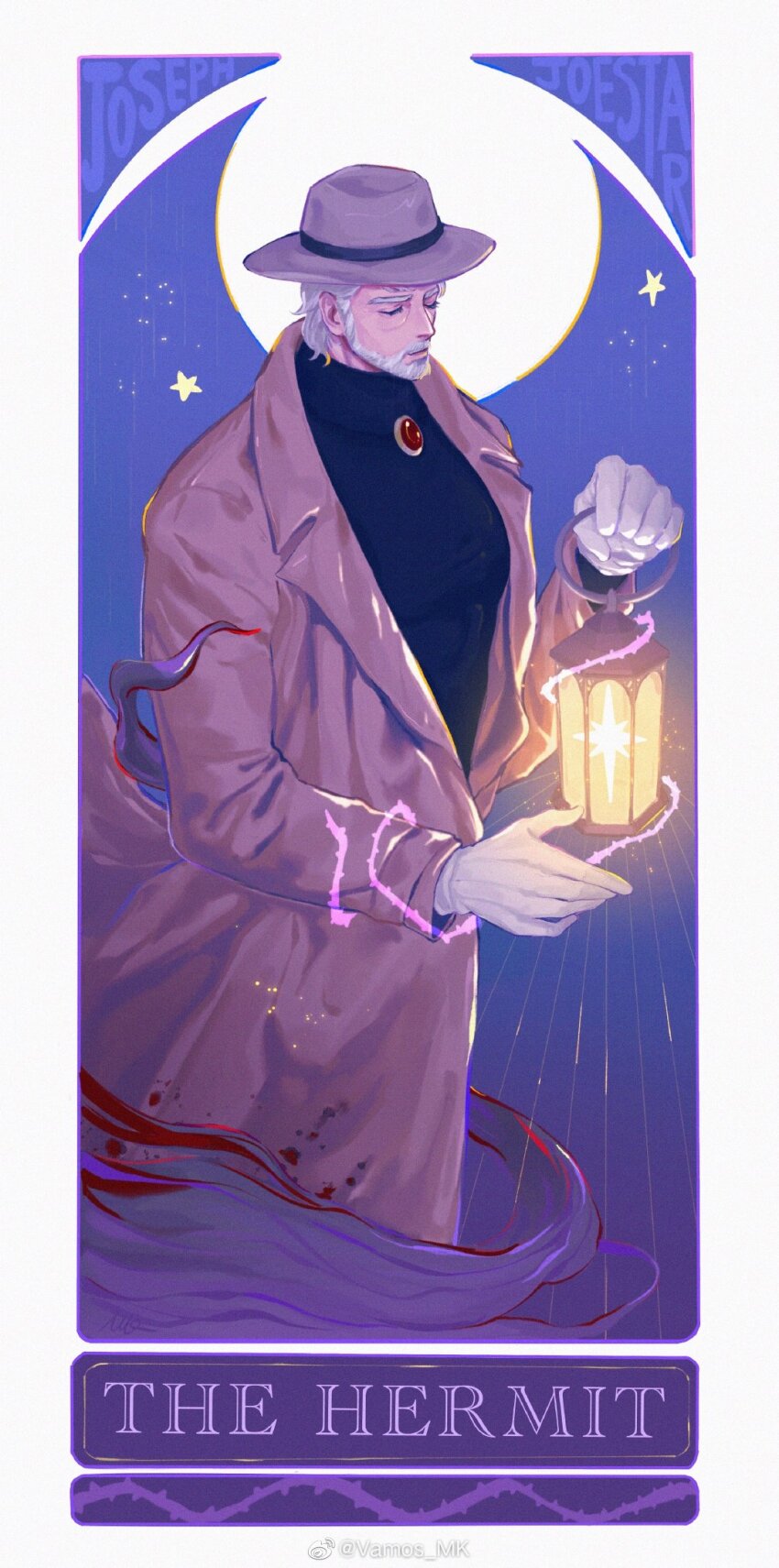 1boy beard border brooch brown_coat brown_hat card_(medium) character_name closed_eyes closed_mouth coat connected_beard facial_hair full_moon gloves hat hermit_purple highres jewelry jojo_no_kimyou_na_bouken joseph_joestar joseph_joestar_(old) long_coat long_sleeves male_focus moon solo star_(symbol) stardust_crusaders tarot tarot_(medium) the_hermit_(tarot) vamos_mk white_border white_gloves