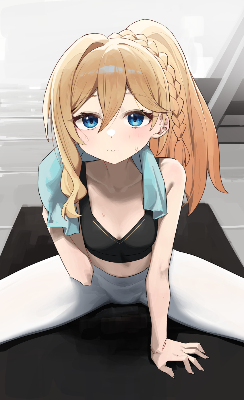1girl absurdres alternate_costume black_sports_bra blonde_hair blue_eyes blush braid closed_mouth collarbone commentary_request durandal_(honkai_impact) durandal_(reign_solaris)_(honkai_impact) from_above hair_intakes highres honkai_(series) honkai_impact_3rd long_hair looking_at_viewer pants ponytail sitting solo sports_bra sweat syhan towel towel_around_neck white_pants yoga_mat yoga_pants