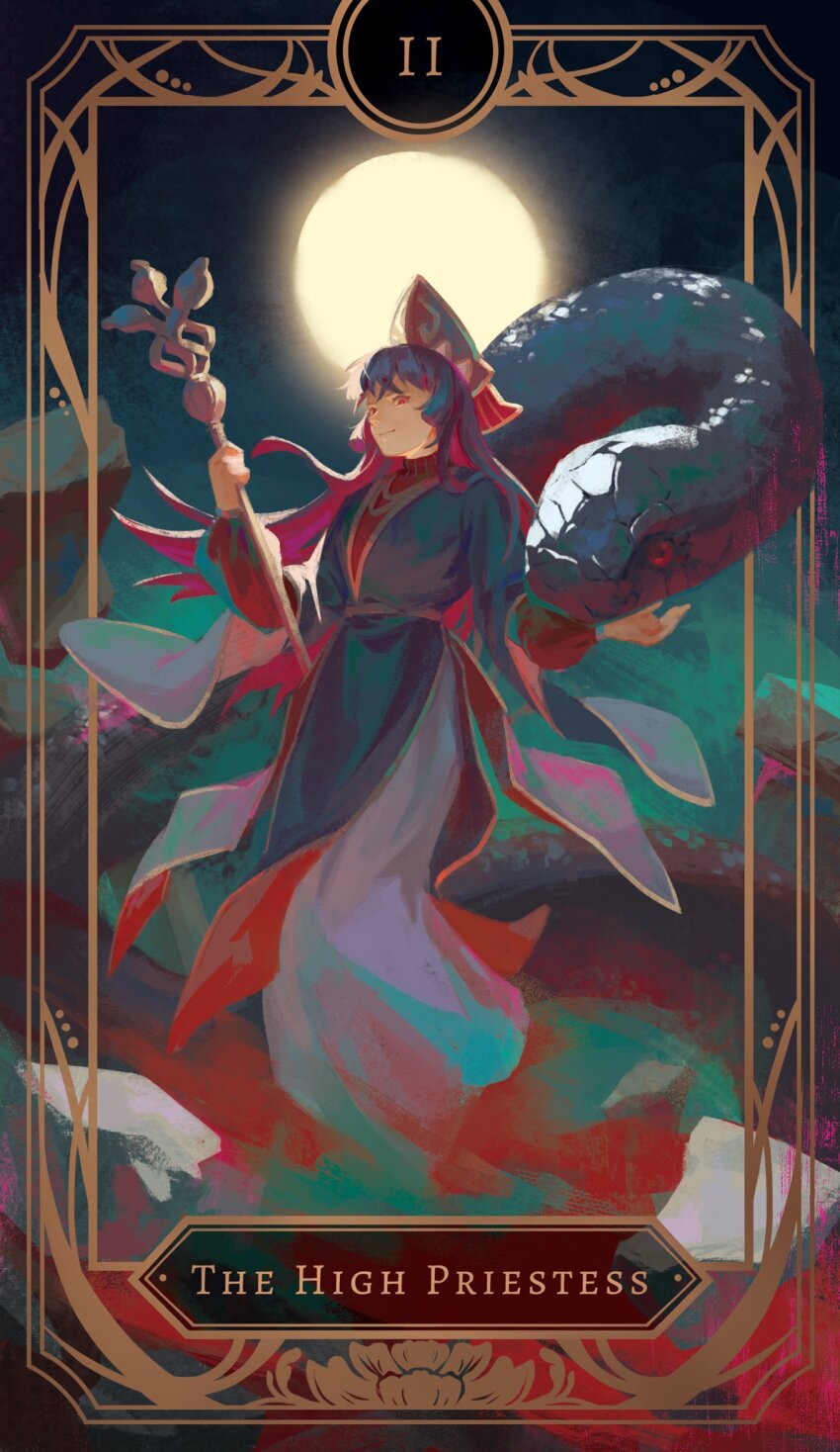 1girl animal banyue black_hair black_hanfu card_(medium) chapter_56 chinese_clothes closed_mouth commentary english_commentary full_body full_moon giant_snake hanfu headdress highres holding holding_staff long_hair long_sleeves looking_at_viewer moon mountain oversized_animal red_eyes smile snake solo staff tarot tarot_(medium) the_high_priestess_(tarot) tianguan_cifu wide_sleeves