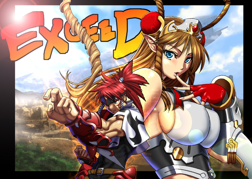 aledy_naash banpresto belt blue_eyes breasts brown_hair brown_theme bun_cover double_bun drill_hair elbow_gloves fighting_stance fingerless_gloves gauntlets gloves green_eyes headband kazue large_breasts long_hair neige_hausen pointy_ears ponytail red_hair super_robot_wars super_robot_wars_og_saga_mugen_no_frontier super_robot_wars_og_saga_mugen_no_frontier_exceed tiara