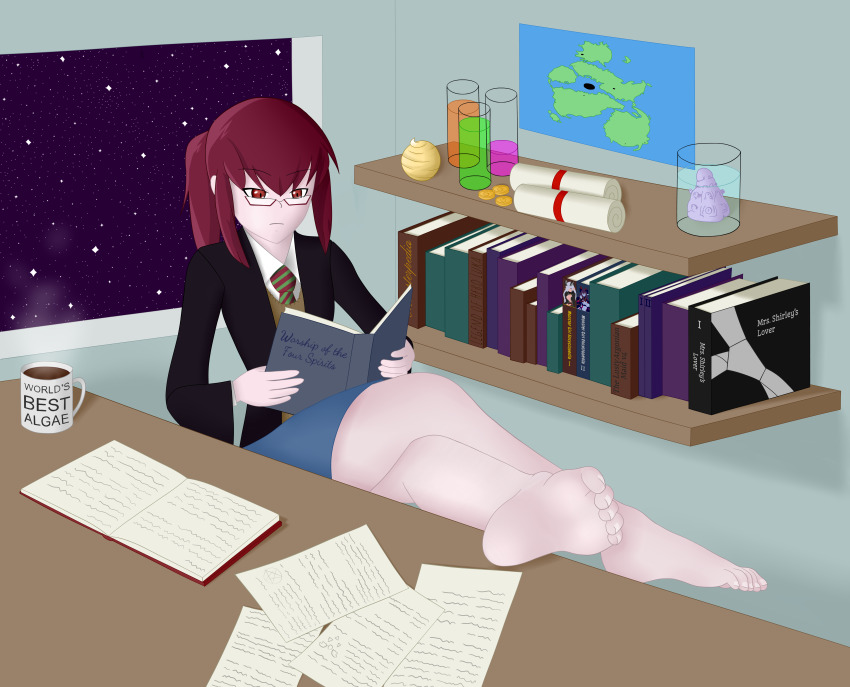 1girl absurdres aged_down ball bare_legs barefoot black_coat blue_skirt book brown_sweater_vest closed_mouth coat coffee coin commentary crossed_legs cup demon_(monster_girl_encyclopedia) diagonal-striped_clothes diagonal-striped_necktie distortedlizard english_commentary english_text expressionless feet feet_on_table fifty_shades_of_grey full_body green_necktie highres holding holding_book indoors jar legs lilim_(monster_girl_encyclopedia) long_hair long_sleeves map_(object) mon-musu_quest! mon-musu_quest:_paradox monster_girl_encyclopedia monster_girl_encyclopedia_ii mug necktie open_book pantyhose paper ponytail promestein reading red-framed_eyewear red_eyes red_hair red_necktie scroll semi-rimless_eyewear shadow shelf shirt sitting skirt soles solo space star_(sky) striped_clothes striped_necktie sweater_vest table tamamo_(mon-musu_quest!) tentacles the_elder_scrolls toenails toes under-rim_eyewear variant_set vial white_shirt window
