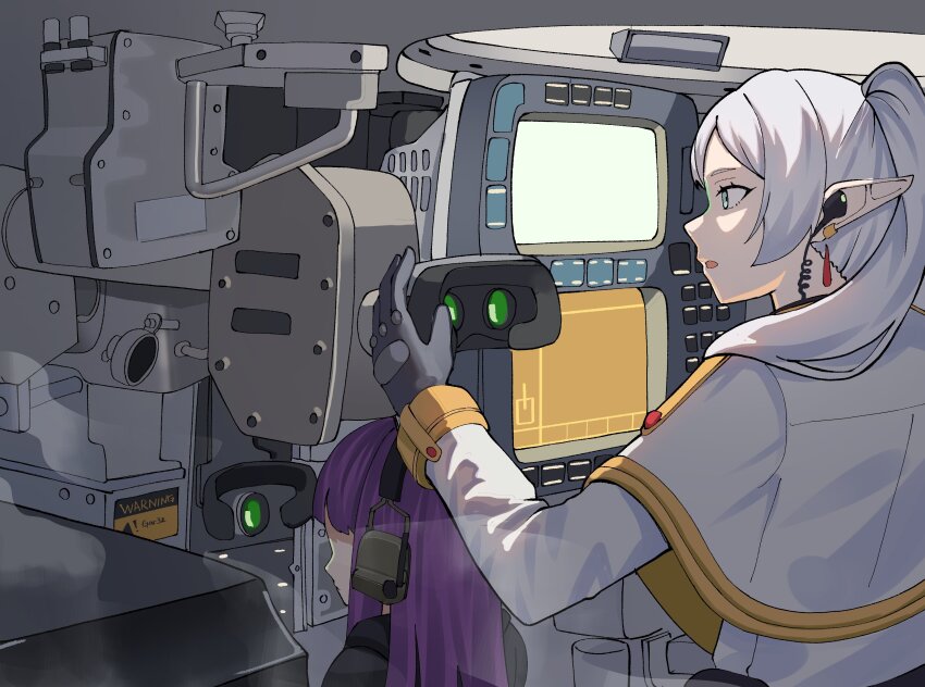 absurdres blunt_bangs earrings elf fern_(sousou_no_frieren) frieren gar32 hatch highres jewelry long_hair military_vehicle motor_vehicle pointy_ears purple_hair sousou_no_frieren tank tank_interior twintails