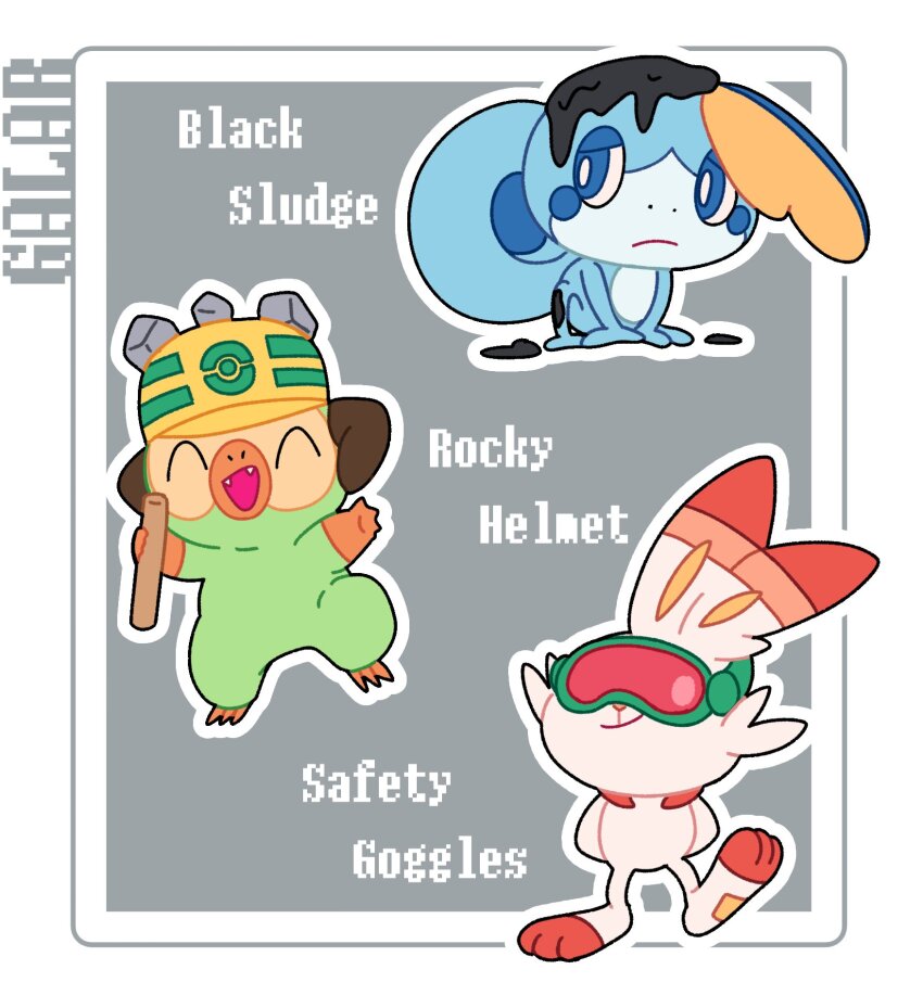 :d animal_focus animal_hands black_sludge_(pokemon) blue_eyes border closed_eyes creatures_(company) fangs full_body game_freak gen_8_pokemon goggles green-framed_eyewear green_fur grey_background grookey hat highres holding holding_stick looking_at_viewer monkey nintendo no_humans nose_poke000 open_mouth orange_fur pokemon pokemon_(creature) rabbit red-tinted_eyewear rocky_helmet_(pokemon) safety_goggles_(pokemon) scorbunny simple_background smile sobble standing starter_pokemon_trio stick tinted_eyewear white_border white_fur yellow_hat