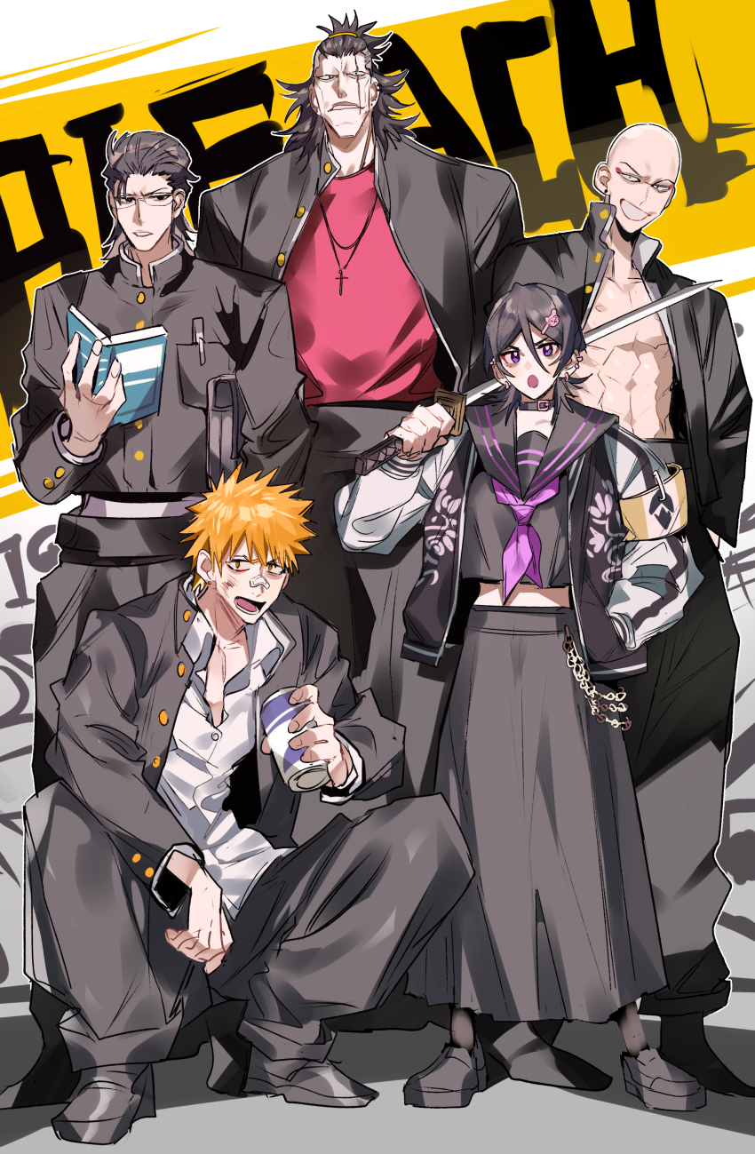 1girl 4boys :o abs absurdres bag bald bandaid bandaid_on_face bandaid_on_nose black_eyes black_hair black_pants bleach book brown_eyes can chain chappy collar collarbone collared_shirt copyright_name cross cross_necklace delinquent earrings eyeliner full_body glasses hair_between_eyes hair_ornament hair_pulled_back hair_tie hairclip hand_in_pocket highres holding holding_book holding_can holding_sword holding_weapon injury ishida_uryuu jacket jewelry kuchiki_rukia kurosaki_ichigo long_skirt looking_at_viewer madarame_ikkaku makeup midriff multiple_boys muscular muscular_male necklace open_clothes open_jacket open_mouth orange_hair over_shoulder pants parted_lips pectorals red_eyeliner red_shirt sailor_collar scar scar_across_eye scar_on_face school_bag school_uniform shirt skirt slav_squatting smile squatting sword weapon weapon_over_shoulder white_shirt xi_luo_an_ya zaraki_kenpachi