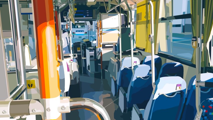 bus_interior chair commentary_request curtains day highres indoors might117 no_humans open_door original pillar scenery window