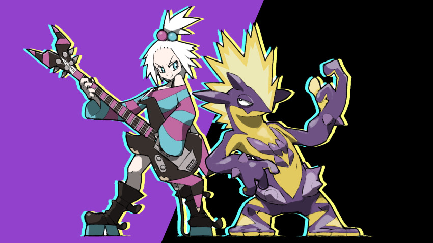 1girl bass_guitar black_background black_boots blacknirrow blue_shirt boots closed_mouth bass_guitar full_body gen_8_pokemon hair_bobbles hair_ornament highres holding holding_bass_guitar holding_instrument instrument looking_at_another nintendo pokemon pokemon_(creature) pokemon_bw2 purple_background purple_shirt roxie_(pokemon) shirt short_hair smile standing striped_clothes striped_shirt topknot toxtricity toxtricity_(amped) two-tone_background two-tone_shirt v-shaped_eyebrows white_hair