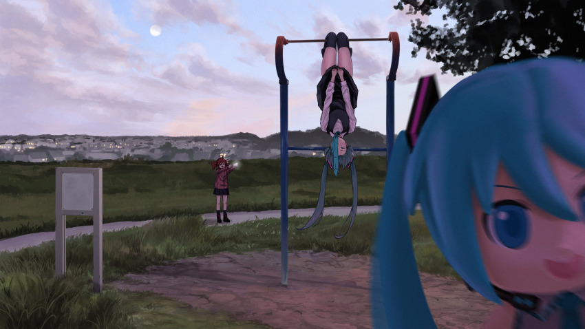3girls absurdres aqua_hair aqua_necktie banken black_boots black_dress black_skirt black_thighhighs boots cloud cloudy_sky dress drill_hair evening grass hatsune_miku highres jacket kasane_teto long_hair long_sleeves mikudayo miniskirt multiple_girls necktie outdoors photobomb pink_jacket red_hair scenery sign skirt sky taking_picture thighhighs twin_drills twintails upside-down utau vocaloid wide_shot