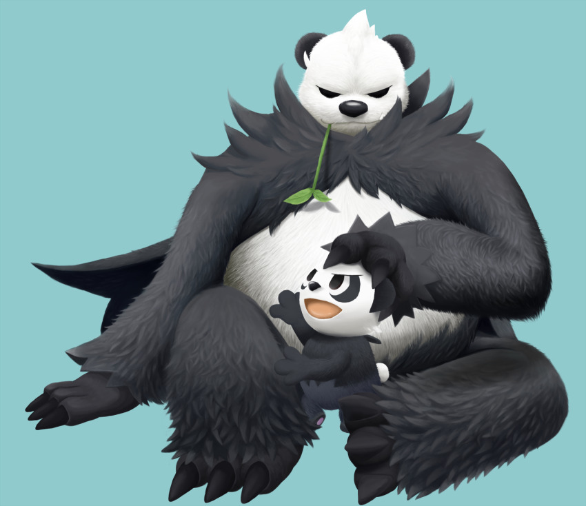 2others animal_ears black_fur claws commentary_request fang fang_out gen_6_pokemon hand_on_another&#039;s_head highres looking_at_another mouth_hold multicolored_fur multiple_others nintendo open_mouth pancham panda panda_ears pangoro pawpads pokemon pokemon_(creature) sitting stalk_in_mouth tor@ white_fur