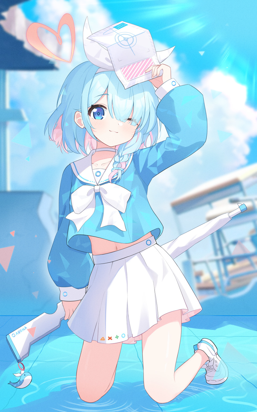 1girl absurdres arm_up arona_(blue_archive) blue_archive blue_eyes blue_hair blue_halo blue_pupils blue_shirt blush bow_hairband braid choker colored_inner_hair exusiai_dust hair_over_one_eye hairband halo heart heart_halo highres holding kneeling long_sleeves looking_at_viewer medium_hair multicolored_hair navel neckerchief pink_hair red_halo sailor_collar shirt skirt smile solo umbrella_gun white_choker white_hairband white_neckerchief white_sailor_collar white_skirt