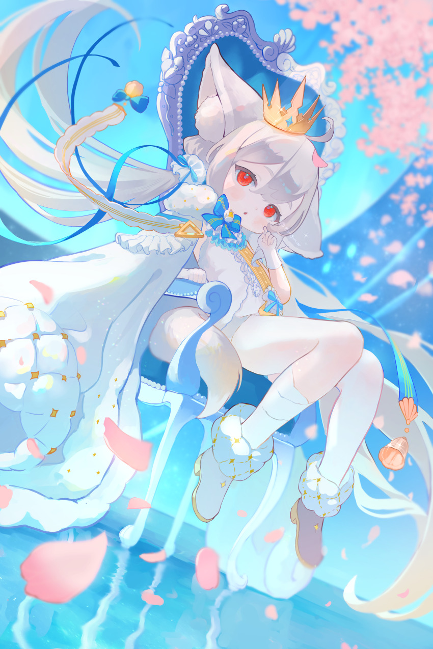 1girl :o absurdres ahoge animal_ear_fluff animal_ears ascot asymmetrical_legwear blue_bow blue_moon blue_ribbon blue_sash boots bow bowtie brown_boots chair cherry_blossoms coat coat_on_shoulders commentary_request commission crown floating_hair flower fox_ears fox_girl fox_tail frilled_vest frills full_body fur-trimmed_boots fur-trimmed_coat fur_trim giuniu_(unc_135) grey_hair hair_between_eyes hair_bow hair_ornament hair_ribbon hair_scrunchie head_tilt high_collar highres indoors large_ears large_tail long_hair looking_at_viewer low_twintails moon on_chair original parted_lips petals pink_petals red_eyes ribbon rose sakurada_shiro_(hy_plus) sakurada_shiro_(royal)_(hy_plus) sash scrunchie shoulder_sash signature single_bare_leg single_sock sitting sitting_on_throne skeb_commission socks solo tail thank_you thighhighs throne twintails uneven_legwear very_long_hair vest white_coat white_flower white_hair white_rose white_socks white_thighhighs white_unitard zettai_ryouiki