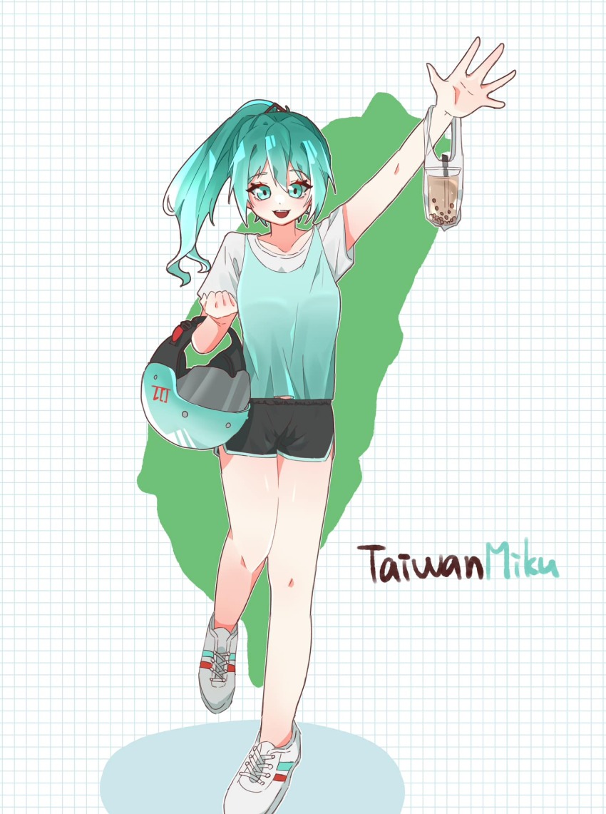 adapted_costume akamatsu_ruuuu aqua_eyes aqua_hair arm_up bubble_tea chinese_text commentary elbow_carry english_commentary english_text grid_background hatsune_miku helmet high_ponytail highres holding holding_helmet layered_clothes looking_at_viewer mixed-language_commentary motorcycle_helmet ponytail shirt_under_shirt shoes short_sleeves shorts smile sneakers standing standing_on_one_leg taiwan traditional_chinese_text variant_set vocaloid waving worldwide_miku