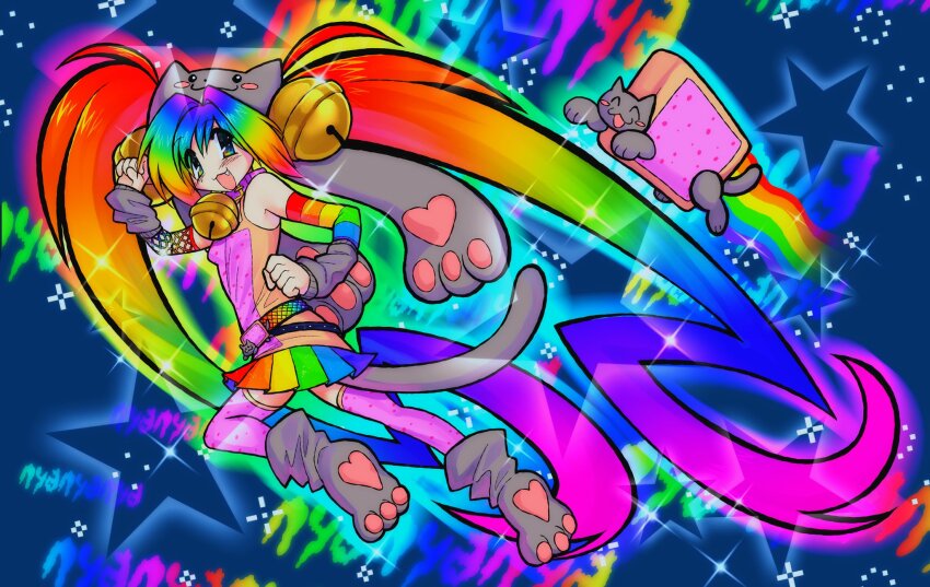 1girl 2000s_(style) animal_hat arm_warmers bell belt cat cat_girl colorful commentary cosplay fishnet_gloves fishnets gloves hair_bell hair_ornament hat highres long_hair meme multicolored_hair neck_bell nyan_cat nyan_cat_(cosplay) nyanyanyanyanyanyanya!_(vocaloid) pacapara paw_print paw_shoes personification pleated_skirt rainbow_hair rainbow_skirt shirt skirt sleeveless sleeveless_shirt star_(symbol) tail thighhighs twintails
