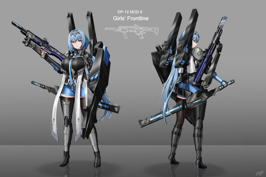 1girl alternate_costume ammunition_pouch armor armored_boots assault_rifle black_thighhighs blue_eyes blue_hair blue_necktie blue_skirt boots breasts bullpup character_name closed_mouth commentary commission double-barreled_shotgun dp-12_(girls&#039;_frontline) english_commentary fingerless_gloves full_body girls&#039;_frontline gloves grey_background gun gundam hair_between_eyes hairband harness high_heels highres holding holding_gun holding_shield holding_sword holding_weapon holstered humanization knight large_breasts long_hair looking_at_viewer mecha_musume mechanical_arms military multiple-barrel_gun multiple_views necktie personification police polygonal_suppressor pouch pump-action_shotgun reference_sheet reflection reflective_floor rifle science_fiction sheath sheathed shield shotgun shoulder_armor side-by-side-barreled_shotgun sidelocks signature simple_background skirt standard_manufacturing_dp-12 standing suppressor sword tactical_clothes thicc-boi-12 thighhighs trigger_discipline very_long_hair weapon zero_(73ro) zettai_ryouiki