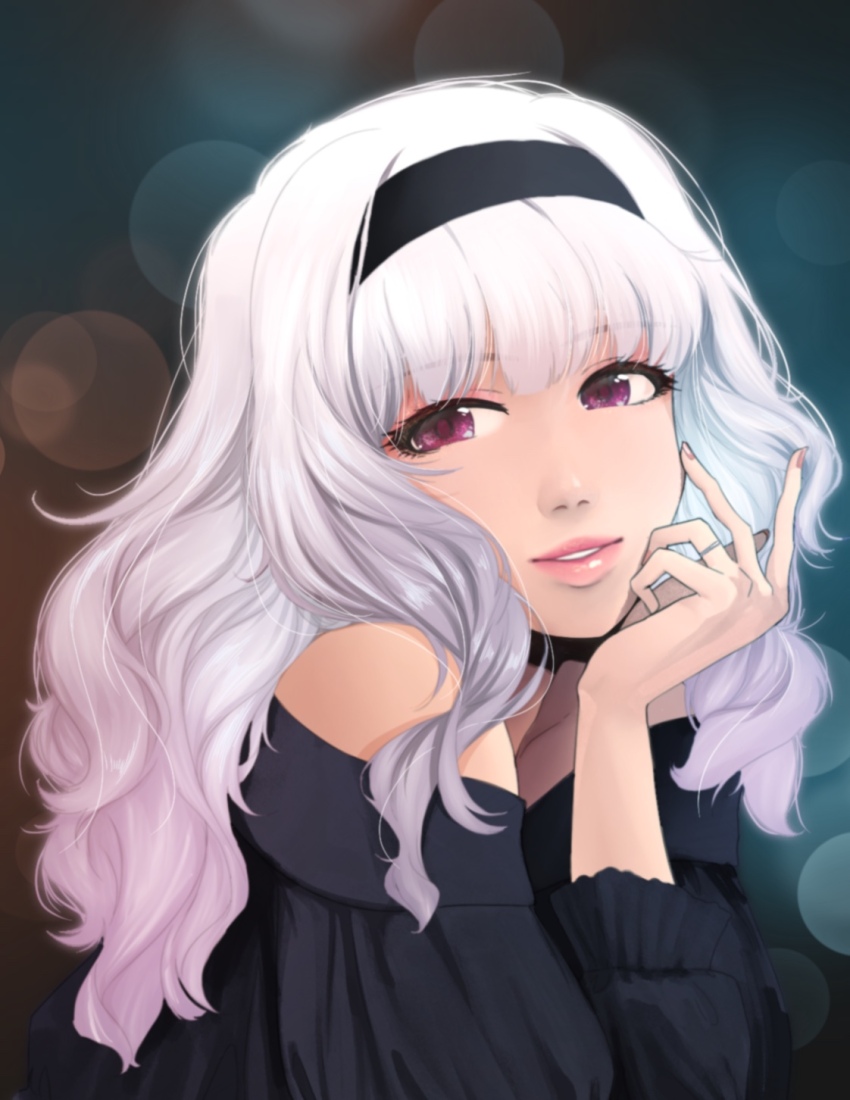 1girl black_hairband blurry bokeh depth_of_field grey_hair hairband hand_on_own_face highres idolmaster idolmaster_(classic) jewelry kumako_(kumakonoh) long_hair looking_at_viewer purple_eyes ring shijou_takane solo wavy_hair