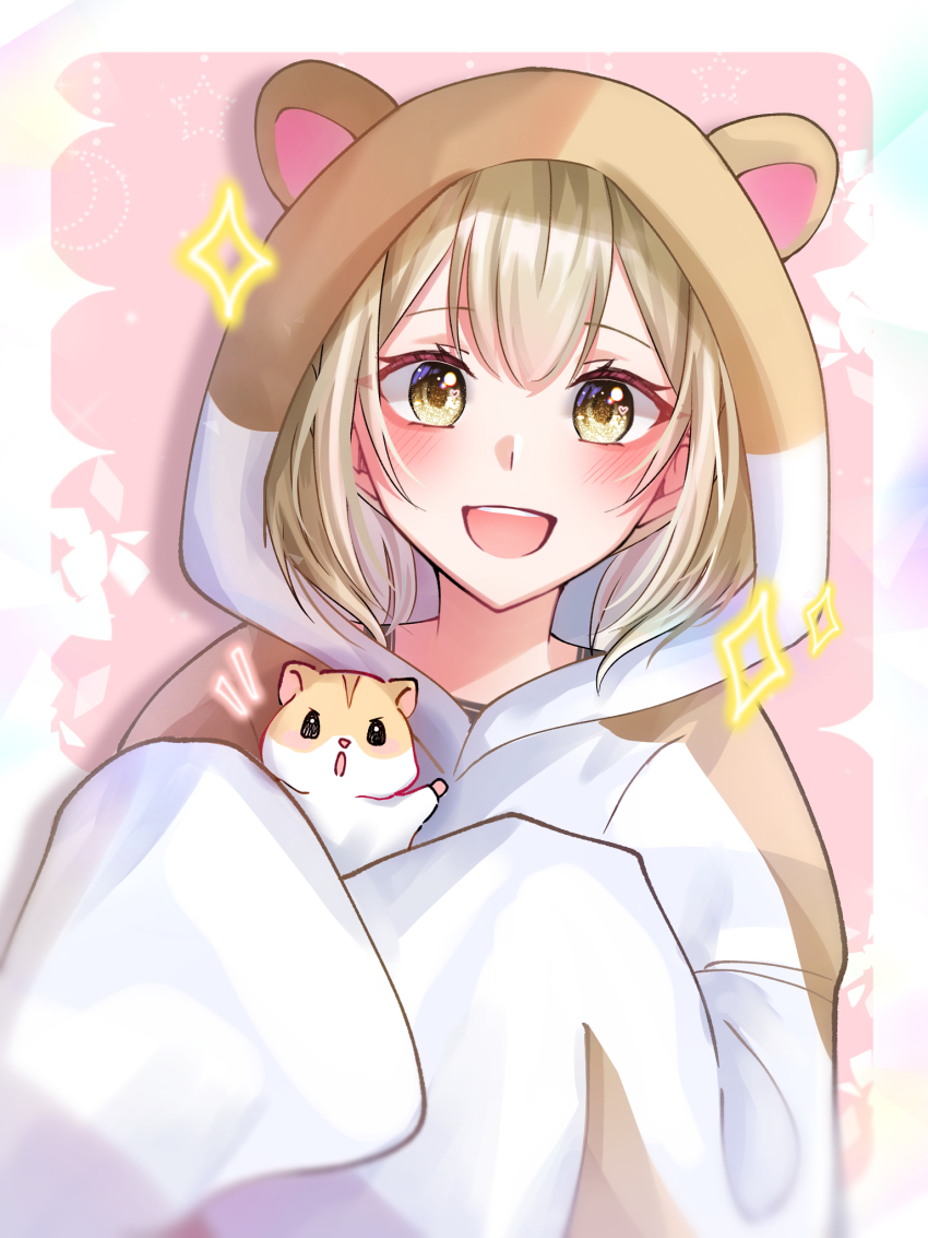 1girl animal animal_costume animal_ears azusawa_kohane blonde_hair blurry_edges blush commentary_request fake_animal_ears hamster hamster_costume highres holding holding_animal long_hair long_sleeves looking_at_viewer open_mouth project_sekai shiraruri sleeves_past_fingers sleeves_past_wrists smile solo twintails upper_body yellow_eyes
