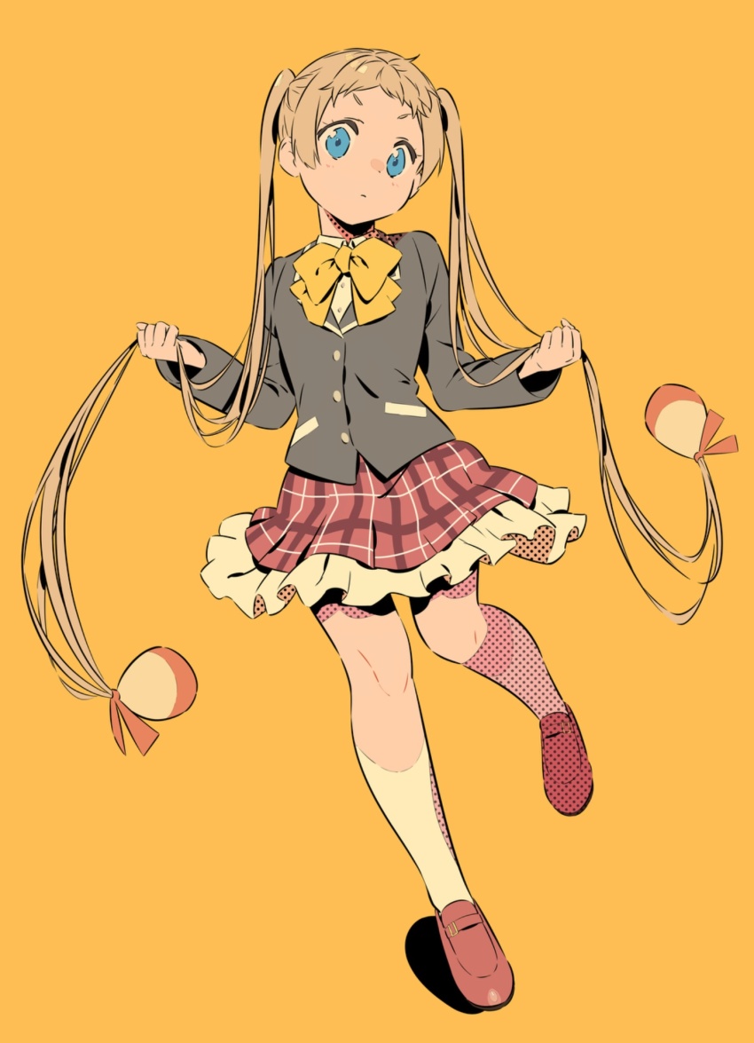 1girl blazer blonde_hair blue_eyes bow bowtie chuunibyou_demo_koi_ga_shitai! dekomori_sanae frilled_skirt frills full_body hair_weapon highres icho_private_high_school_uniform jacket loafers long_hair plaid_clothes plaid_skirt school_uniform semham shoes simple_background skirt solo twintails very_long_hair yellow_background yellow_bow yellow_bowtie