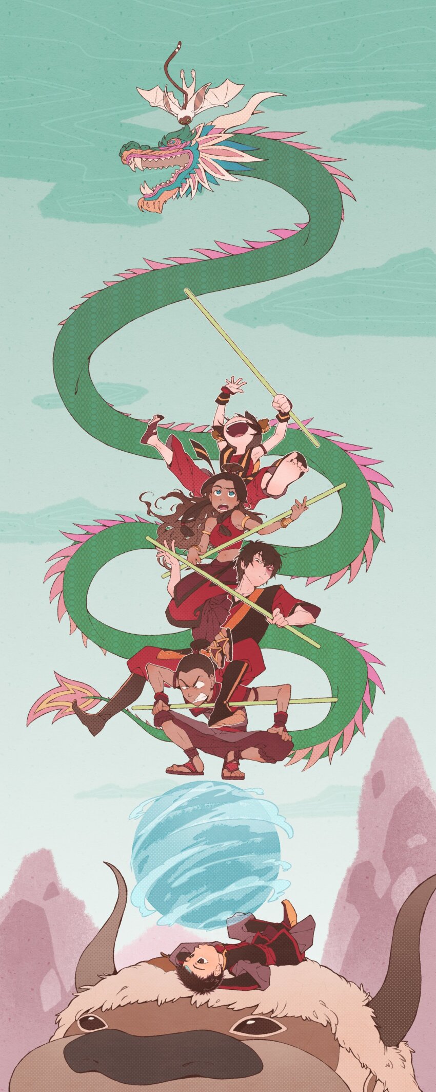 2girls 3boys aang absurdres alternate_costume alternate_hairstyle appa armlet arms_behind_head avatar:_the_last_airbender avatar_legends barefoot black_hair blue_eyes bo_staff bracer brown_hair burn_scar clenched_teeth closed_mouth dark-skinned_female dark-skinned_male dark_skin dragon eastern_dragon element_bending feet hands_on_own_knees highres holding holding_staff horns human_tower jewelry katara kinako_(moment) lemur long_hair looking_at_another looking_down looking_up lying midair midriff momo_(avatar) mountain multiple_boys multiple_girls navel on_back on_shoulder open_mouth sandals scar scar_across_eye scar_on_face smile sokka soles spread_legs stacking staff teeth toes toph_beifong topknot upper_teeth_only wind zuko