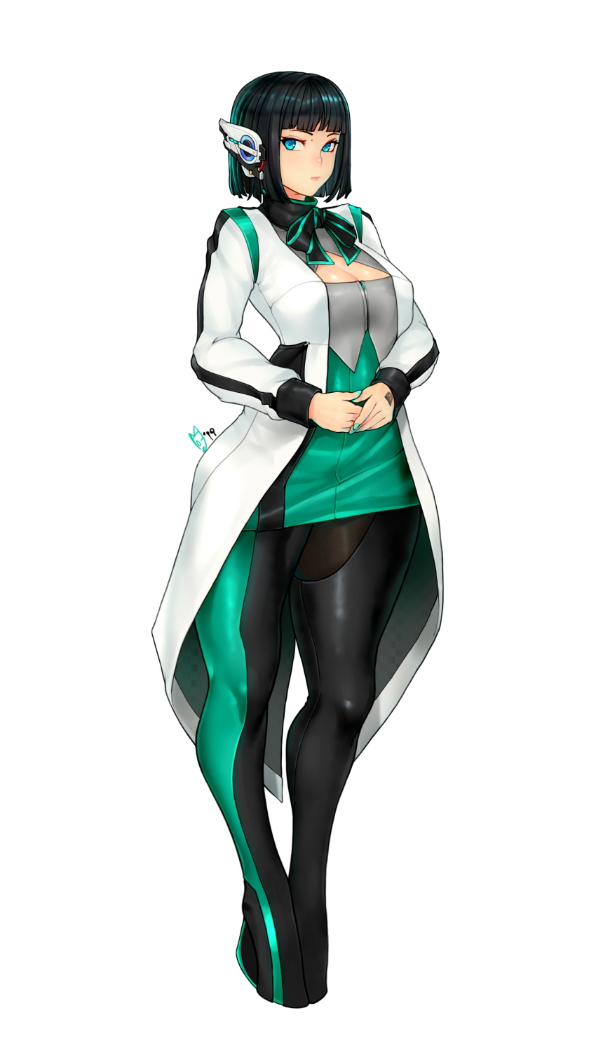 1girl absurdres black_hair coat full_body headphones highres is_(kamen_rider_01) izu_(kamen_rider_01) kamen_rider kamen_rider_zero-one_(series) leggings looking_at_viewer short_hair solo standing white_background white_coat zcune