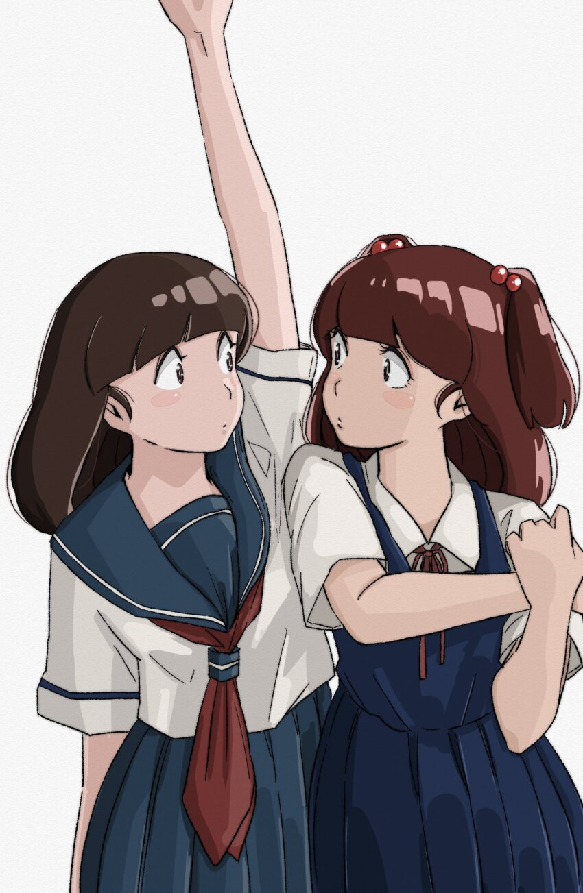 beads blush brown_eyes brown_hair hand_up highres looking_at_another maison_ikkoku miyake_shinobu poppowerhearts sailor sailor_collar short_twintails simple_background twintails urusei_yatsura white_background yagami_ibuki