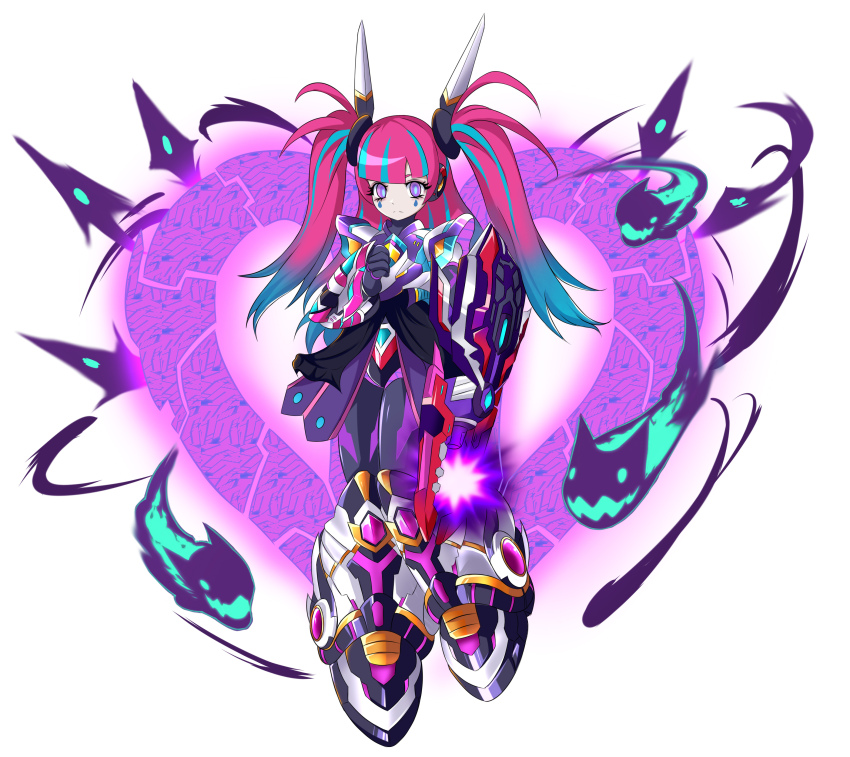 1girl absurdres alternate_costume arm_cannon armor aura black_bodysuit blue_hair blue_pupils bodysuit commission droitclair full_body gradient_hair heart highres long_hair m11xgirby mega_man_(series) mega_man_x_(series) mega_man_x_dive multicolored_hair pink_hair purple_armor purple_eyes simple_background solo streaked_hair teardrop_facial_mark twintails two-tone_hair weapon white_armor white_background