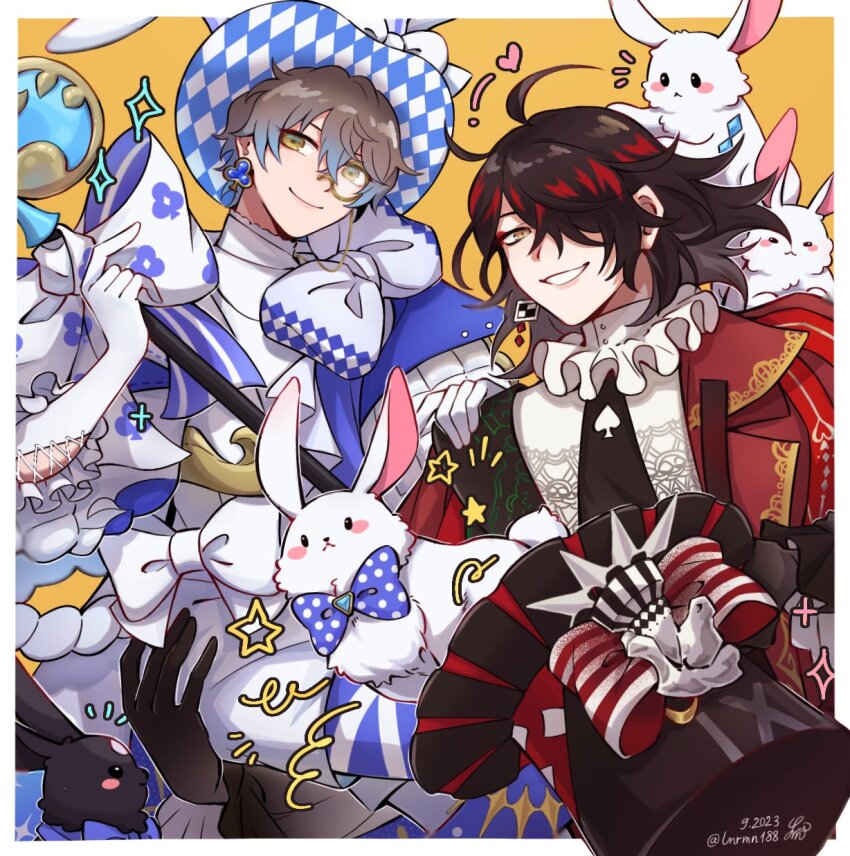 2boys argyle_clothes argyle_hat black_hair black_hat blue_hair border brown_hair closed_mouth cross-laced_clothes cross-laced_gloves earrings elbow_gloves gloves green_hair grin hair_between_eyes hair_over_one_eye hat heart highres ike_eveland jewelry long_sleeves looking_at_viewer lunar_mun male_focus monocle multicolored_hair multiple_boys nijisanji nijisanji_en rabbit red_hair smile staff star_(symbol) top_hat virtual_youtuber vox_akuma white_border white_gloves yellow_background