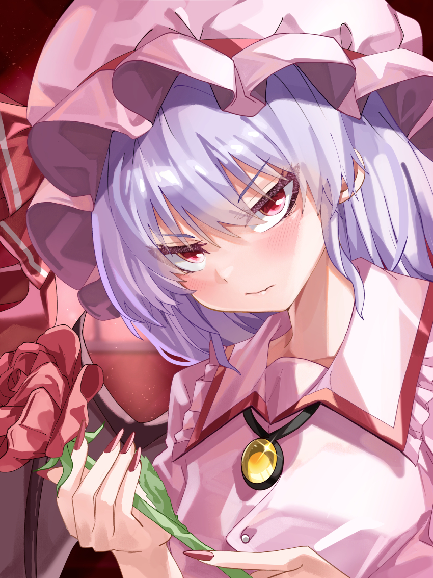 1girl absurdres bat_wings blush closed_mouth commentary fingernails flower frilled_shirt_collar frills hat highres holding holding_flower long_fingernails looking_at_viewer mahoro_(minase_mahoro) medium_hair mob_cap nail_polish pink_hat pink_shirt purple_hair red_eyes red_flower red_nails red_rose remilia_scarlet rose shirt solo touhou upper_body wings yellow_gemstone