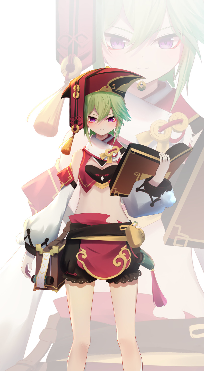 1girl absurdres bare_shoulders black_bloomers bloomers book breasts chinese_commentary cleavage commentary_request cosplay crop_top detached_sleeves feet_out_of_frame genshin_impact green_hair hair_between_eyes highres holding holding_book kuki_shinobu long_sleeves looking_at_viewer midriff no_navel pom_pom_(clothes) purple_eyes qixia red_headwear short_hair simple_background smile solo standing stomach underwear white_background yanfei_(genshin_impact) yanfei_(genshin_impact)_(cosplay) zoom_layer