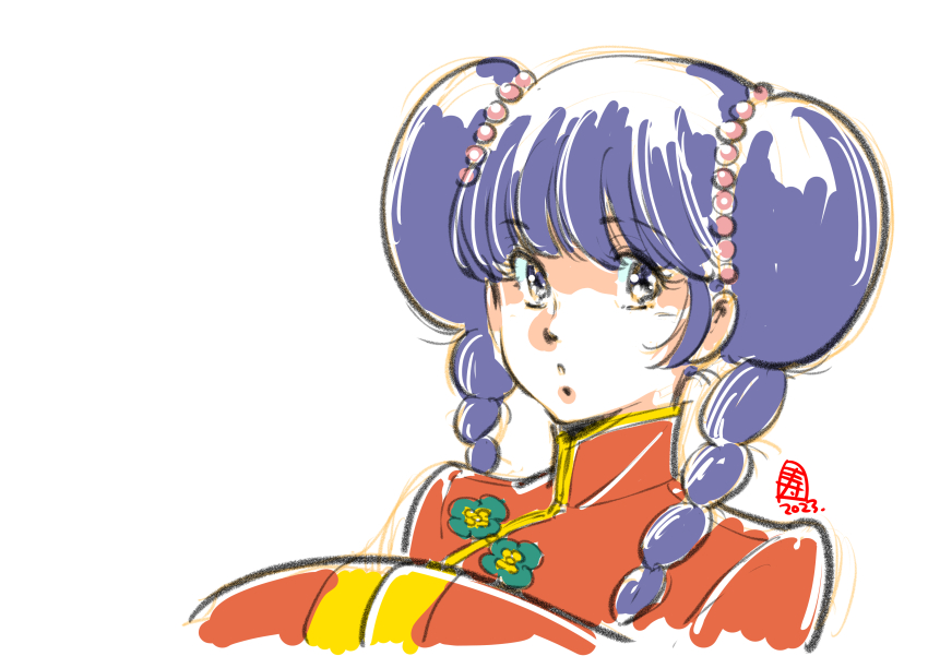 1980s_(style) 1girl 2023 absurdres blue_eyes braid china_dress chinese_clothes choujikuu_yousai_macross dress highres kotobuki_tsukasa long_hair looking_at_viewer lynn_minmay macross oldschool retro_artstyle simple_background solo twin_braids white_background