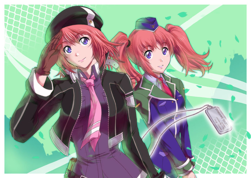 2girls beret blazer brown_hair eiyuu_densetsu falcom fran_seeker green_background hat jacket multiple_girls necktie noel_seeker police police_uniform policewoman purple_eyes salute short_hair siblings sisters smile square-end_necktie twintails v_arms xiacheng_tatsuya zero_no_kiseki