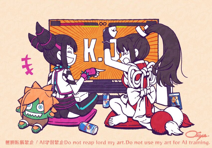 2girls back bracelet brown_hair crossover bad_tag bad_tag han_juri high_ponytail jewelry marumiyart multiple_girls ninja playing_games ponytail shiranui_mai sitting spiked_bracelet spiked_hair spikes street_fighter street_fighter_6 tagme tears