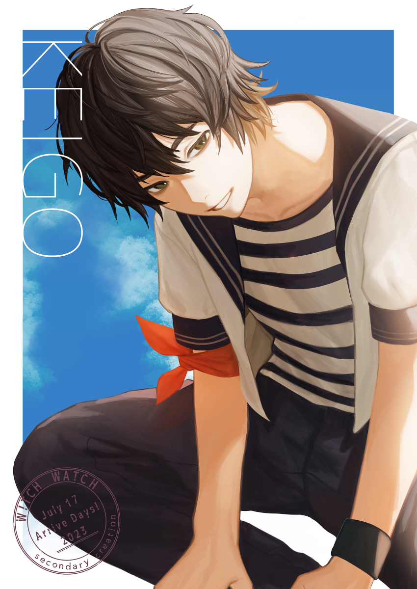 1boy absurdres armband black_pants blue_sky character_name dated highres light_smile looking_at_viewer magami_keigo male_focus nennen_(pixiv14003276) outdoors pants red_armband shirt sitting sky solo striped_clothes striped_shirt white_shirt witch_watch